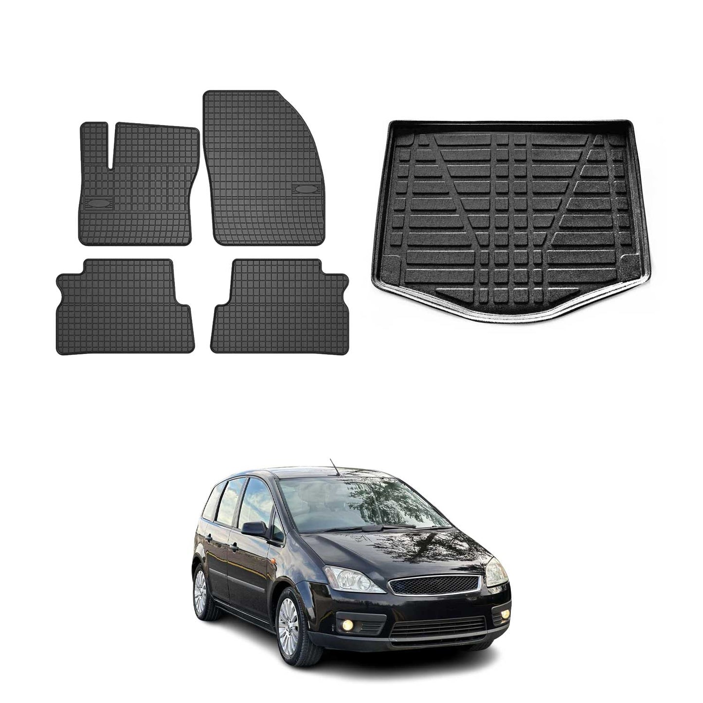 Set covorașe și tapițerie portbagaj pentru Ford C-Max 2007-2010, cauciuc TPE, negru, 5x