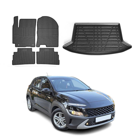 Set covorașe și tapițerie portbagaj pentru Hyundai Kona 2017-2025, cauciuc TPE, negru, 5 buc.