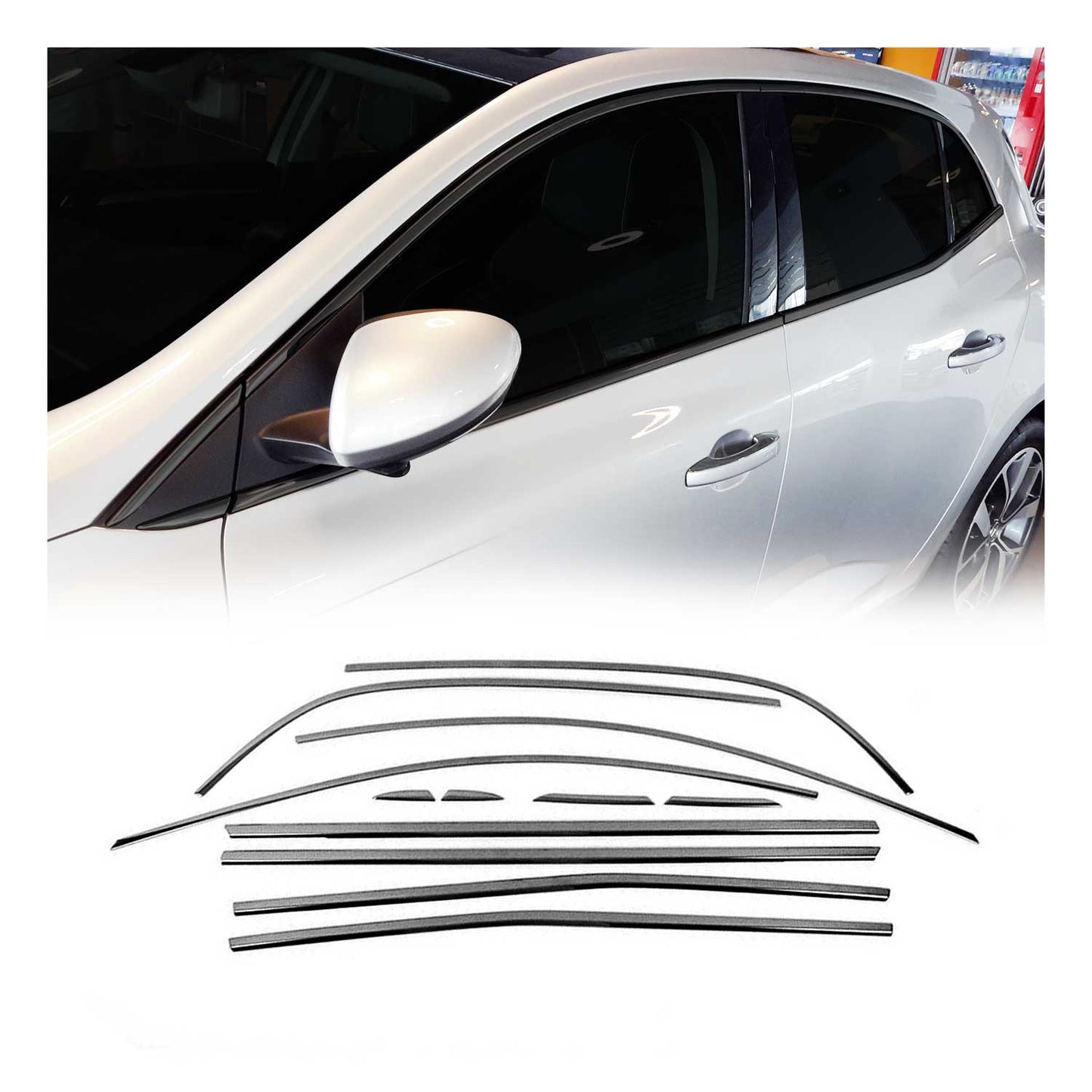 Benzi decorative pentru geamuri Renault Megane 2015-2020, oțel inoxidabil, culoare închisă, 12 bucăți