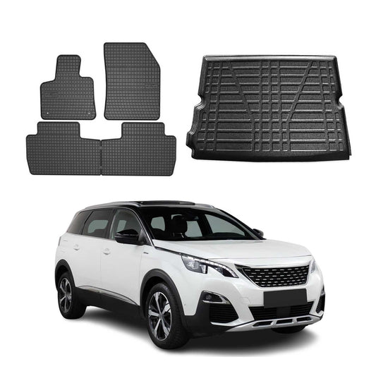 Set covorașe și tapițerie portbagaj pentru Peugeot 5008 2016-2025, cauciuc TPE, negru, 5x