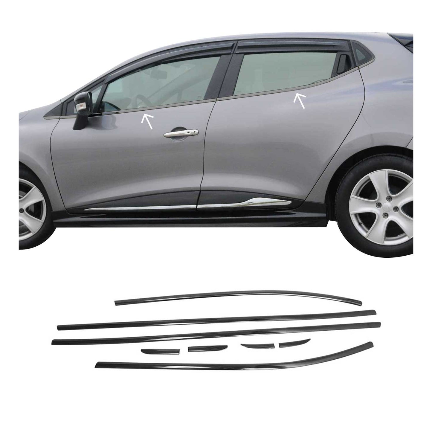 Benzi decorative pentru geamuri Renault Clio hatchback 2012-2019, crom închis, 8 buc.