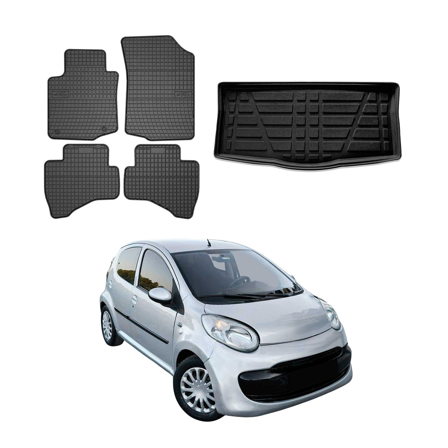 Fußmatten & Kofferraumwanne Set für Citroen C1 2005-2014 3tür Gummi Schwarz 5x