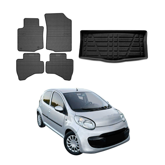 Fußmatten & Kofferraumwanne Set für Citroen C1 2005-2014 3tür Gummi Schwarz 5x