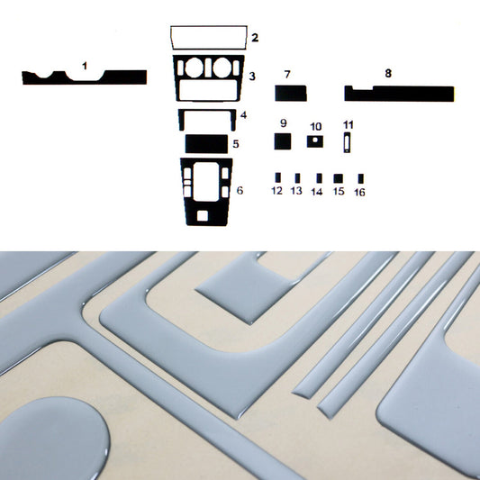 Ornamente interioare cockpit pentru Mercedes Clasa C W202 1993-2000, aspect aluminiu, 16 bucăți