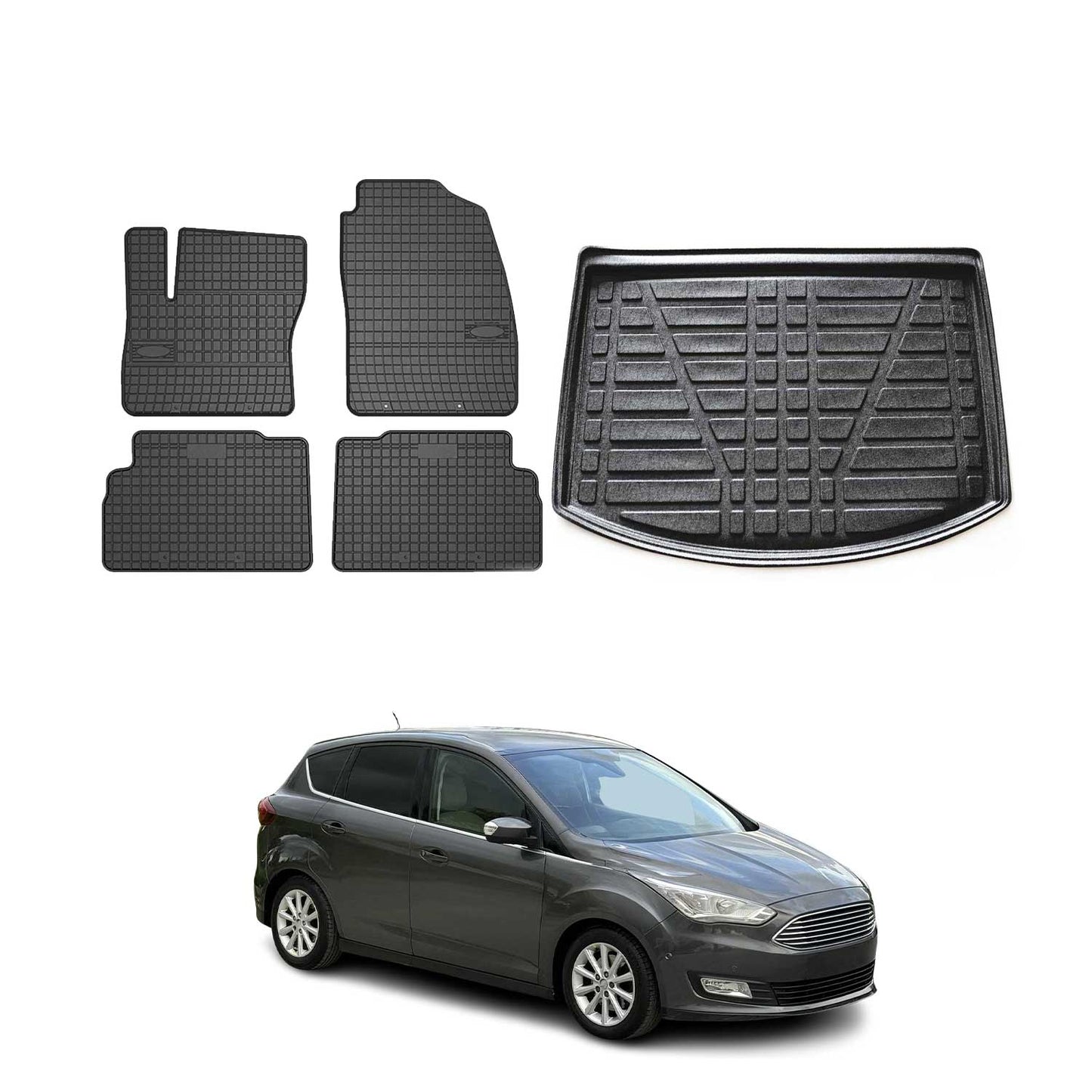 Set covorașe și portbagaj pentru Ford C-Max 2010-2019, cauciuc negru, 5 buc.