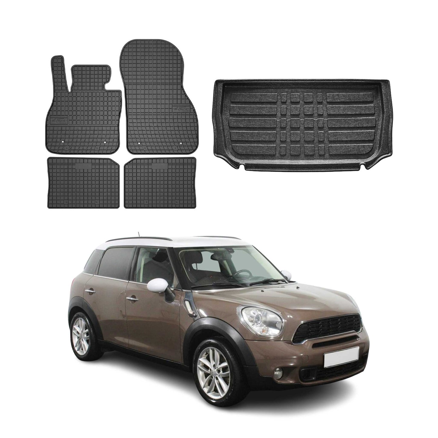 Set covorașe și tapițerie portbagaj pentru Mini Countryman 2010-2016, cauciuc, negru, 5 buc.