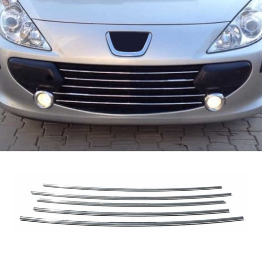 Benzi decorative grilă auto pentru Peugeot 307 2005-2009, oțel inoxidabil, argintiu, 5 bucăți