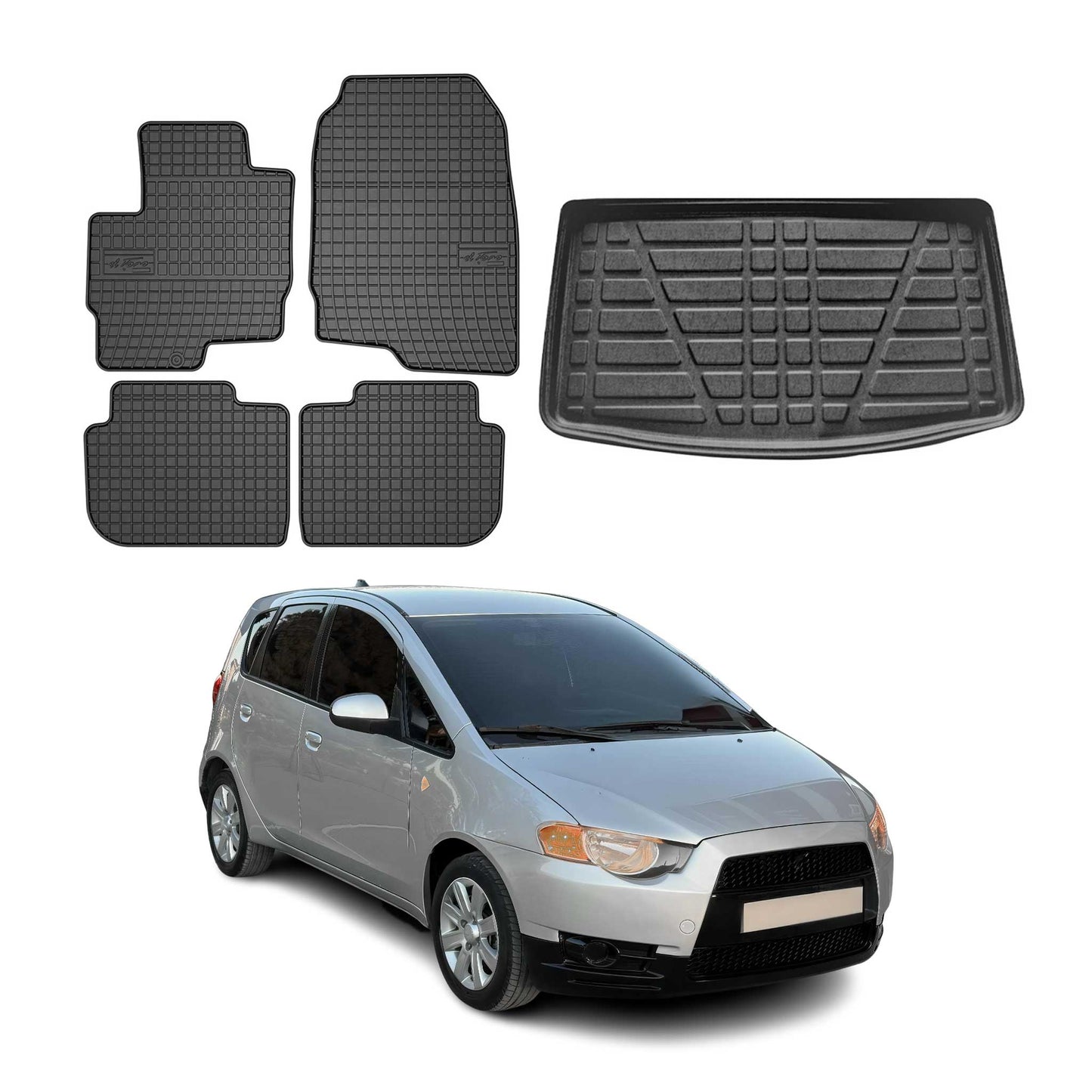 Set covorașe și portbagaj din cauciuc pentru Mitsubishi Colt CZ3 cu 5 uși, 2008-2013