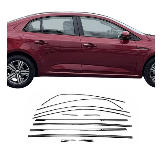 Benzi decorative pentru geamuri pentru Renault Megane Sedan 2016-2025, crom închis, 12 bucăți