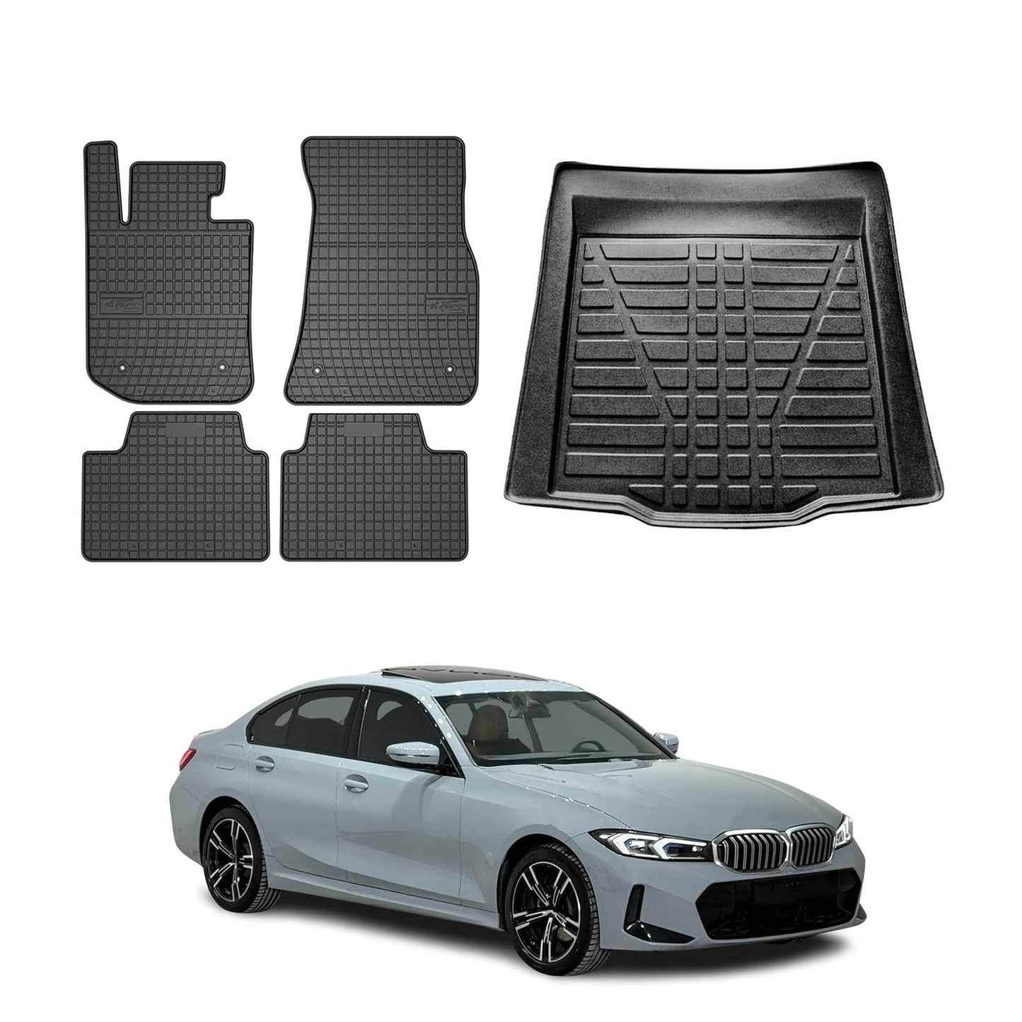 Fußmatten & Kofferraumwanne Set für BMW 3er G20 2018-2025 Gummi TPE Schwarz 5x