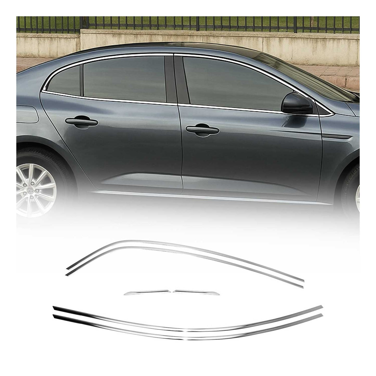 Benzi decorative pentru geamuri Renault Megane Sedan 2016-2025, oțel inoxidabil cromat, 6 buc.