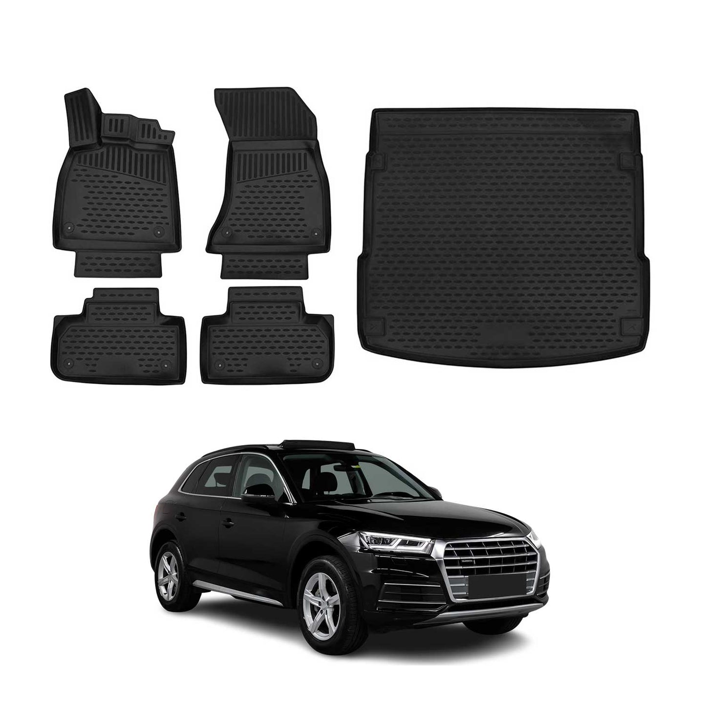 Set covorașe și tapițerie portbagaj pentru Audi Q5 FY 2017-2024, cauciuc TPE, negru, 5x