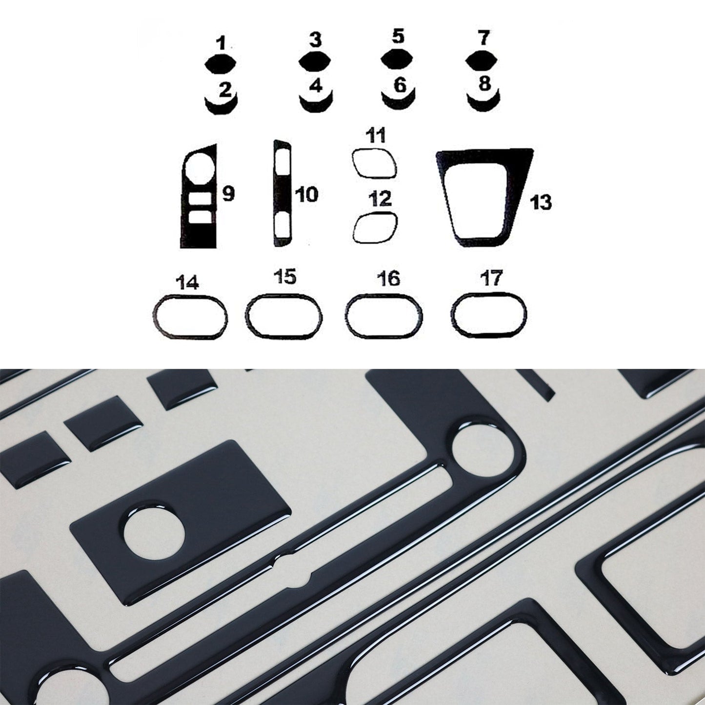 Ornamente interioare cockpit pentru Dacia Lodgy 2012-2024 set 17 piese aspect negru lucios