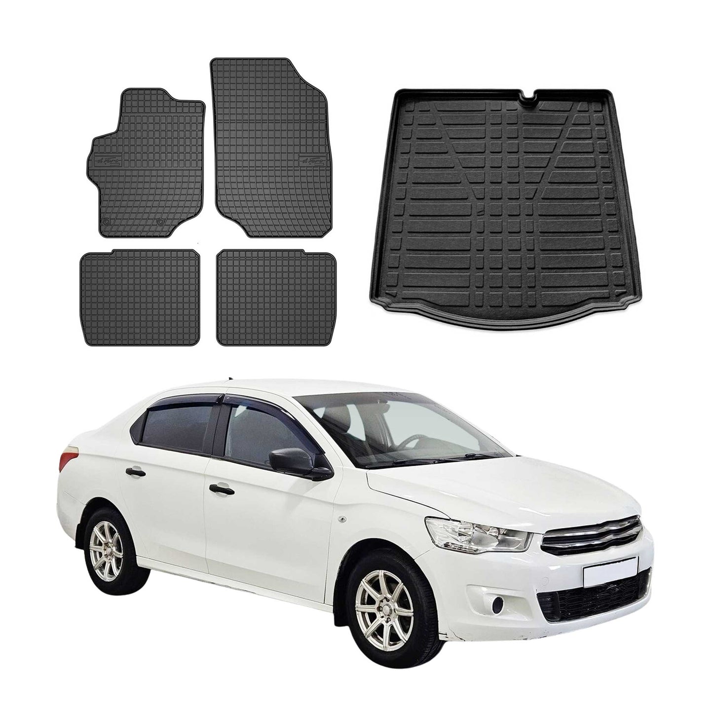 Fußmatten & Kofferraumwanne Set für Citroen C-Elysee 2012-2025 Gummi Schwarz 5x