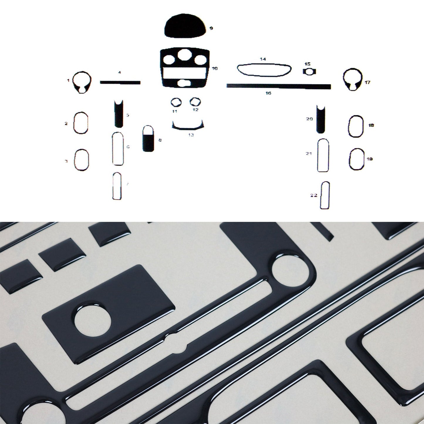 Zestaw elementów wykończenia wnętrza do Renault Clio 2007-2012, kolor czarny fortepianowy, 22 sztuki