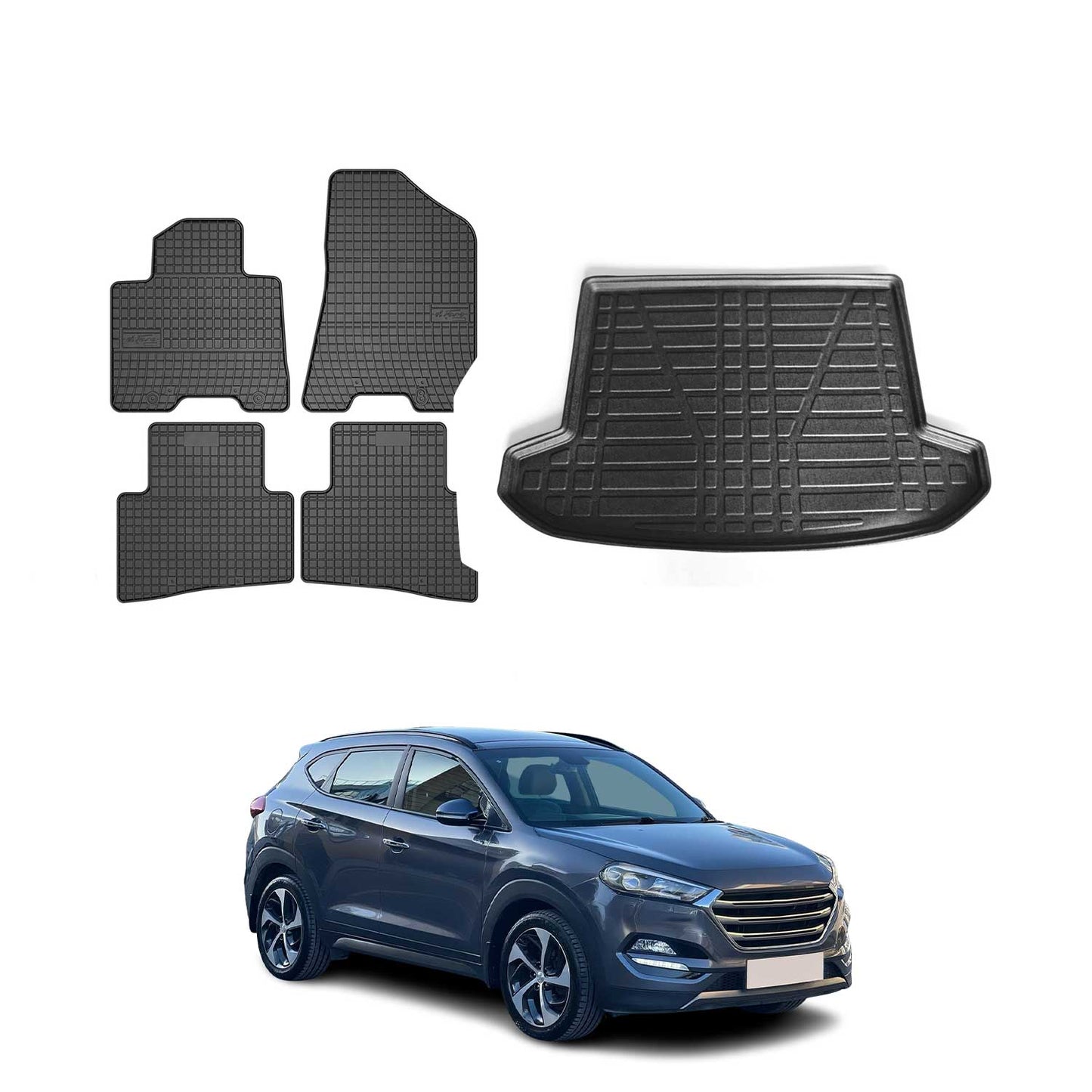 Set covorașe și portbagaj pentru Hyundai Tucson 2015-2020, cauciuc, negru, 5 buc.