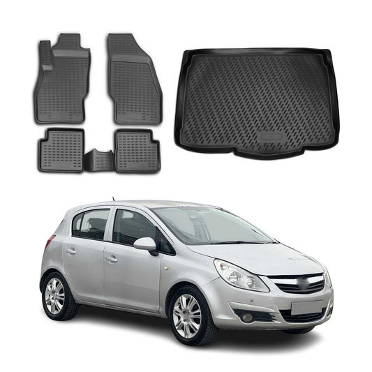 Set covorașe și tapițerie portbagaj pentru Opel Corsa D 2006-2014, cauciuc TPE, negru, 5x
