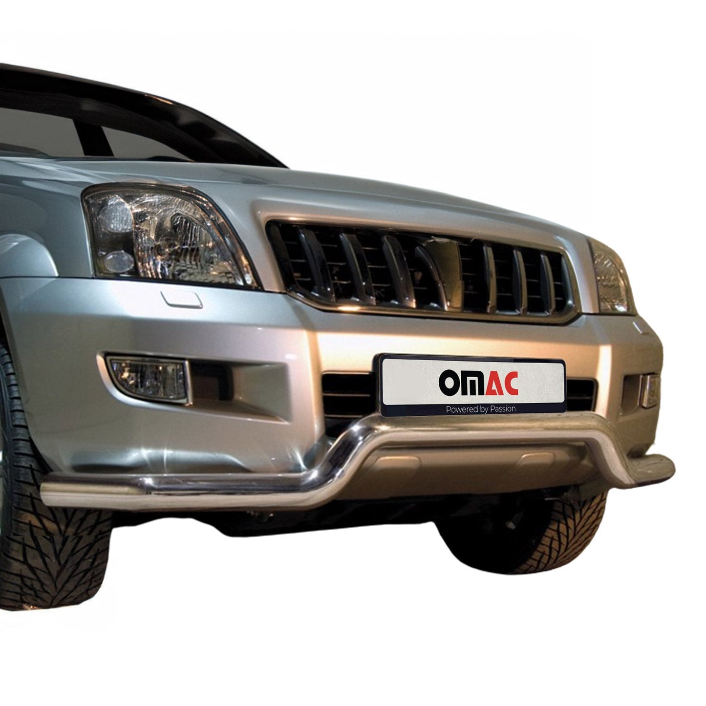 Bară de protecție/buton față pentru Toyota Land Cruiser 120 2003-2009, argintie, cu ABE (omologare de tip germană).