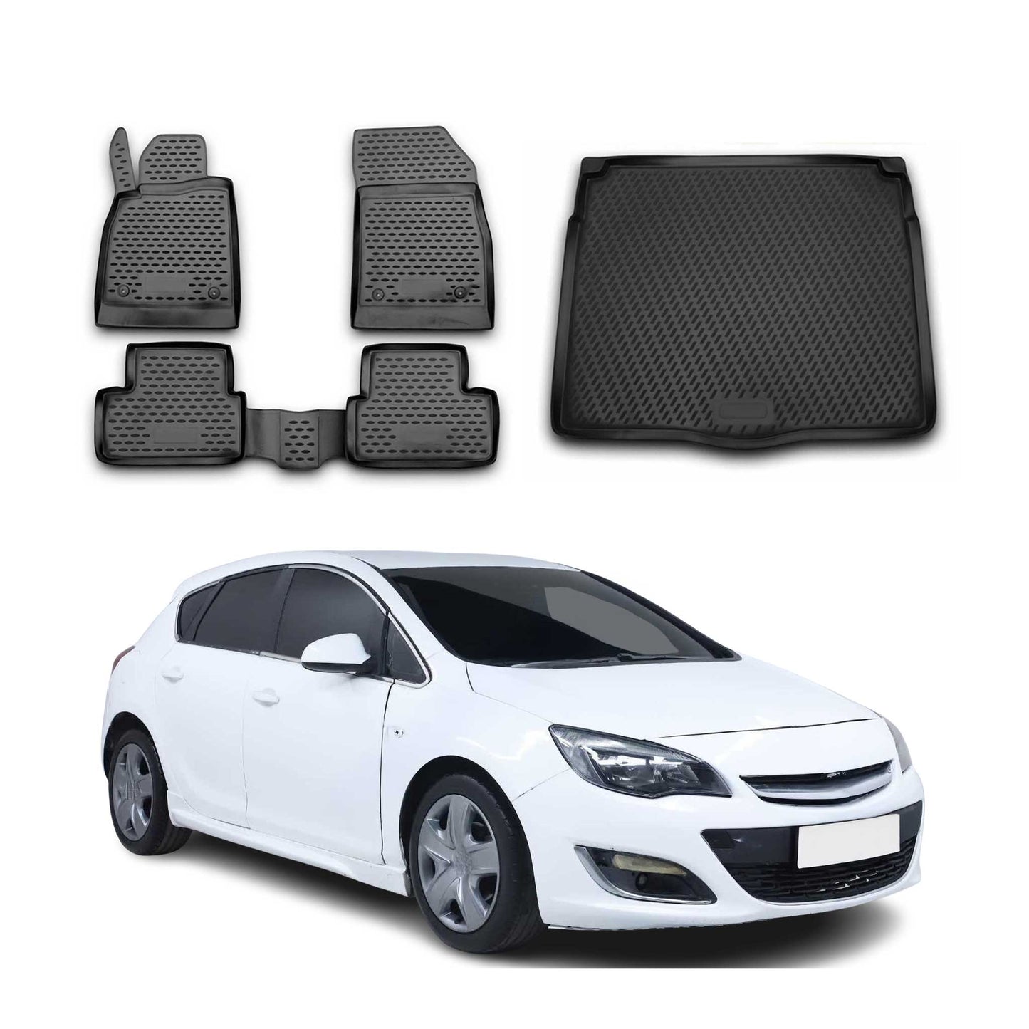 Set covorașe și tapițerie portbagaj pentru Opel Astra J 2009-2015, cauciuc TPE, negru, 5x