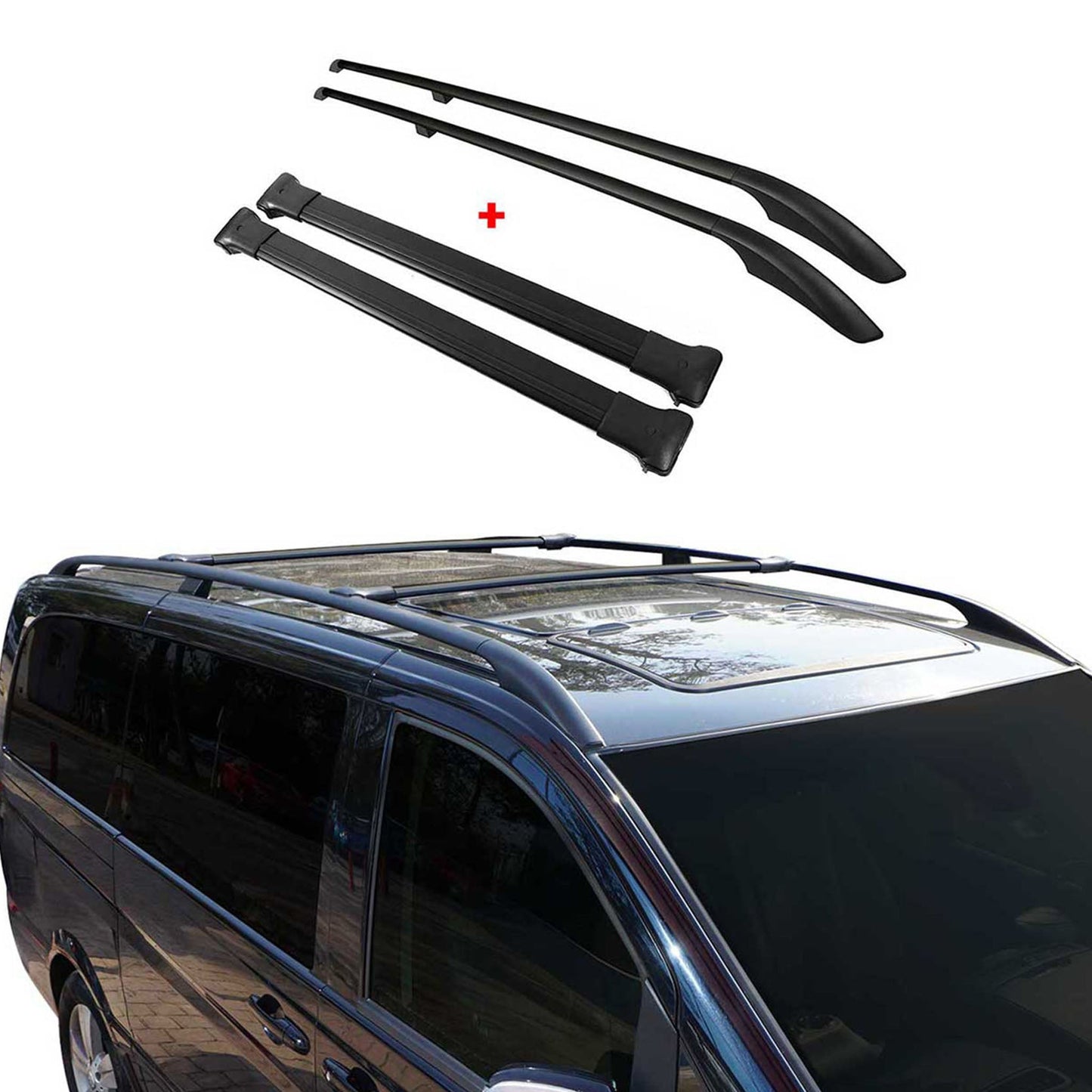 Dachreling + Dachträger SET für VW Caddy 2003-2015 Kurzer Alu Schwarz 4tlg
