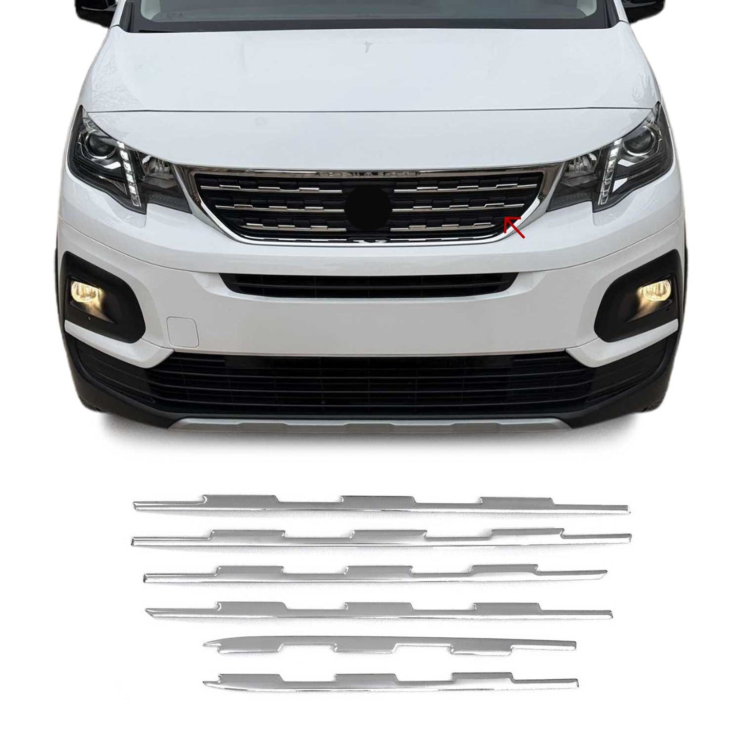 Benzi decorative grilă auto pentru Peugeot Rifter 2018-2025, crom-argintiu, 6 buc.