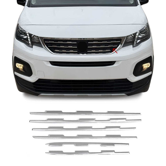 Benzi decorative grilă auto pentru Peugeot Rifter 2018-2025, crom-argintiu, 6 buc.