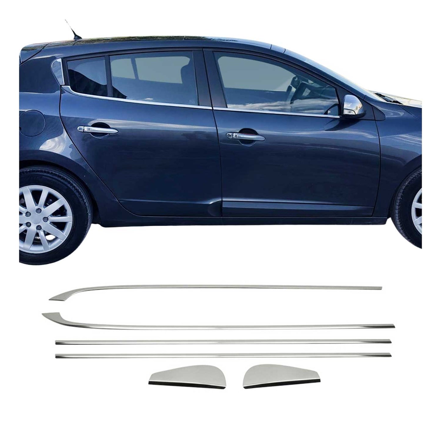 Benzi decorative pentru geamuri Renault Megane 2008-2016, oțel inoxidabil cromat, 6 bucăți