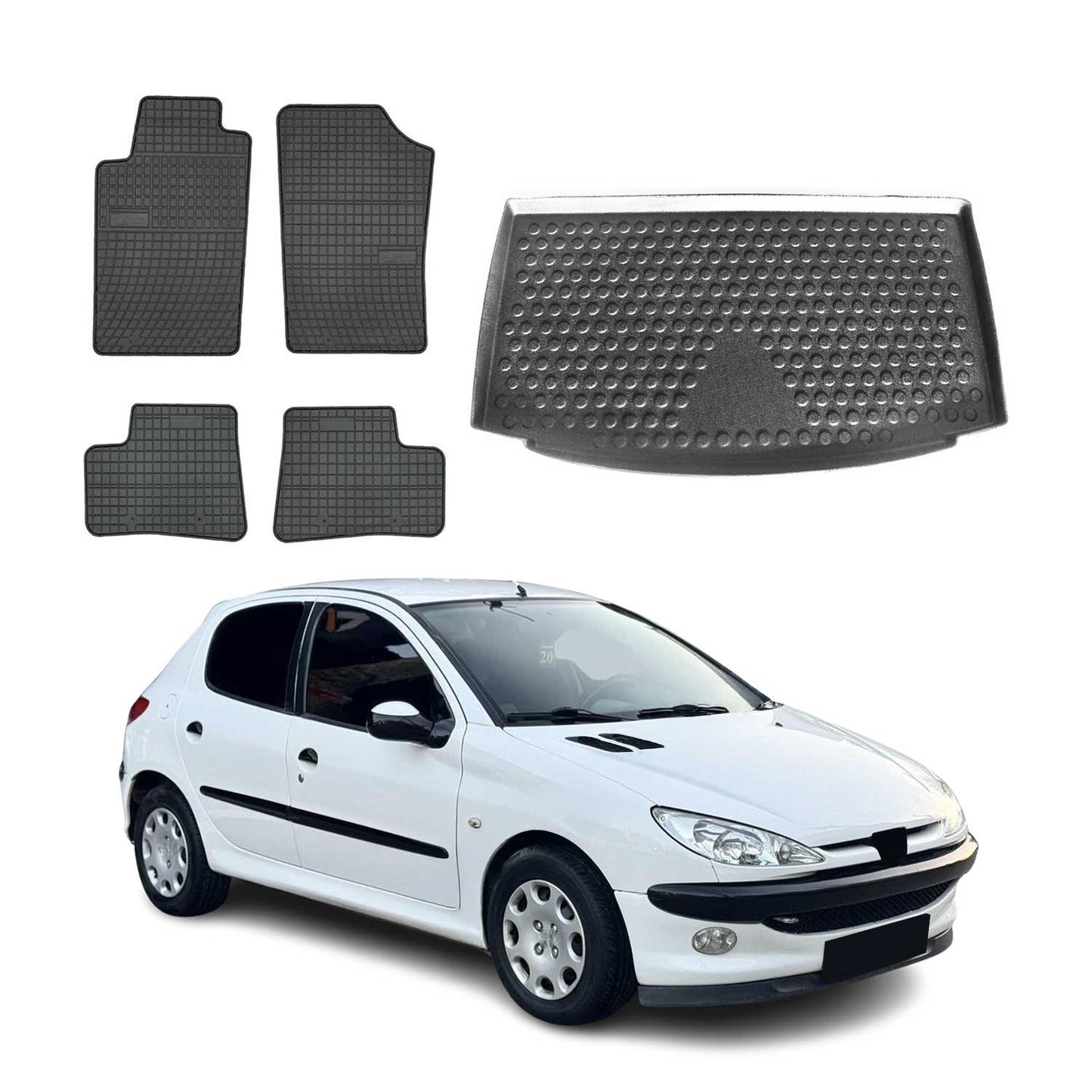 Set covorașe și portbagaj pentru Peugeot 206 hatchback 1999-2007, cauciuc, 5x