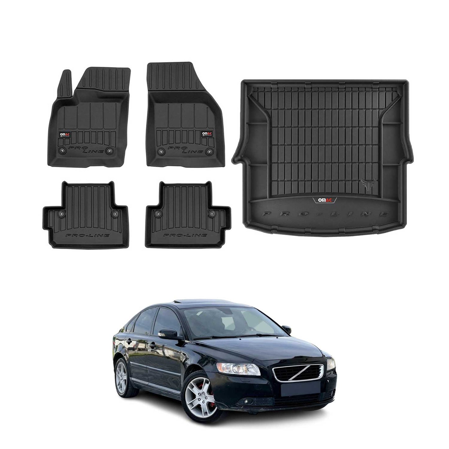 OMAC Fußmatten & Kofferraumwanne Set für Volvo S40 2003-2012 Gummi Schwarz 5x