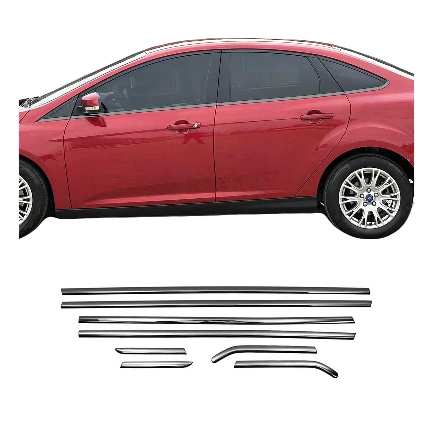 Ornamente/ramă geam pentru Ford Focus 2011-2018 sedan, oțel inoxidabil, 8 bucăți