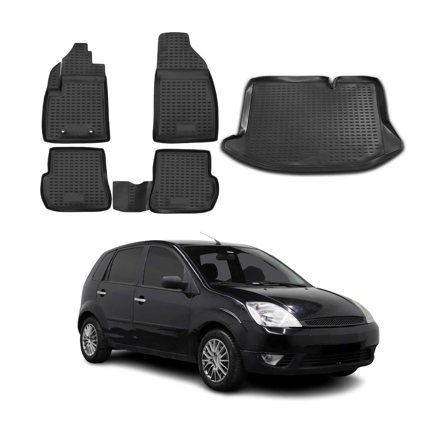 Set covorașe și tapițerie portbagaj pentru Ford Fiesta 2001-2008, cauciuc TPE, negru, 5x