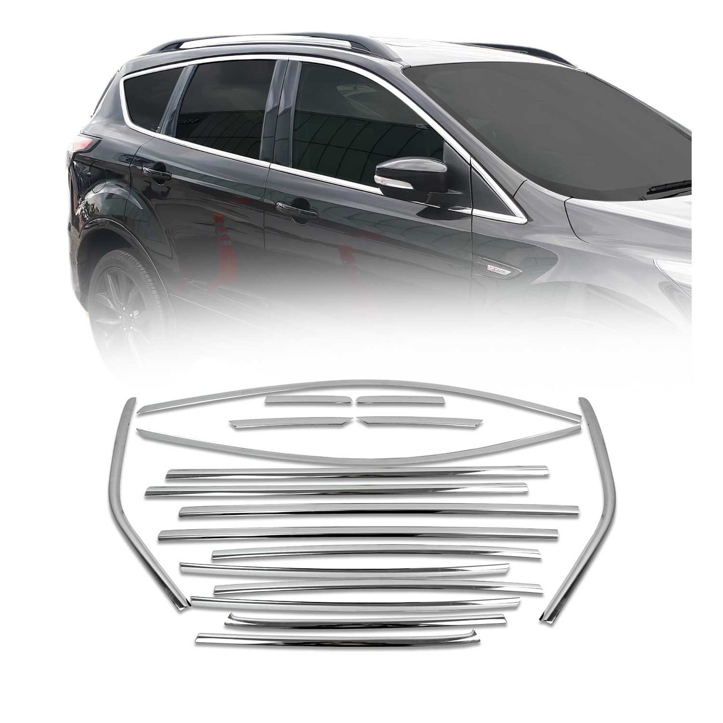 Benzi decorative pentru geamuri Ford Kuga 2013-2019, oțel inoxidabil cromat, 18 bucăți