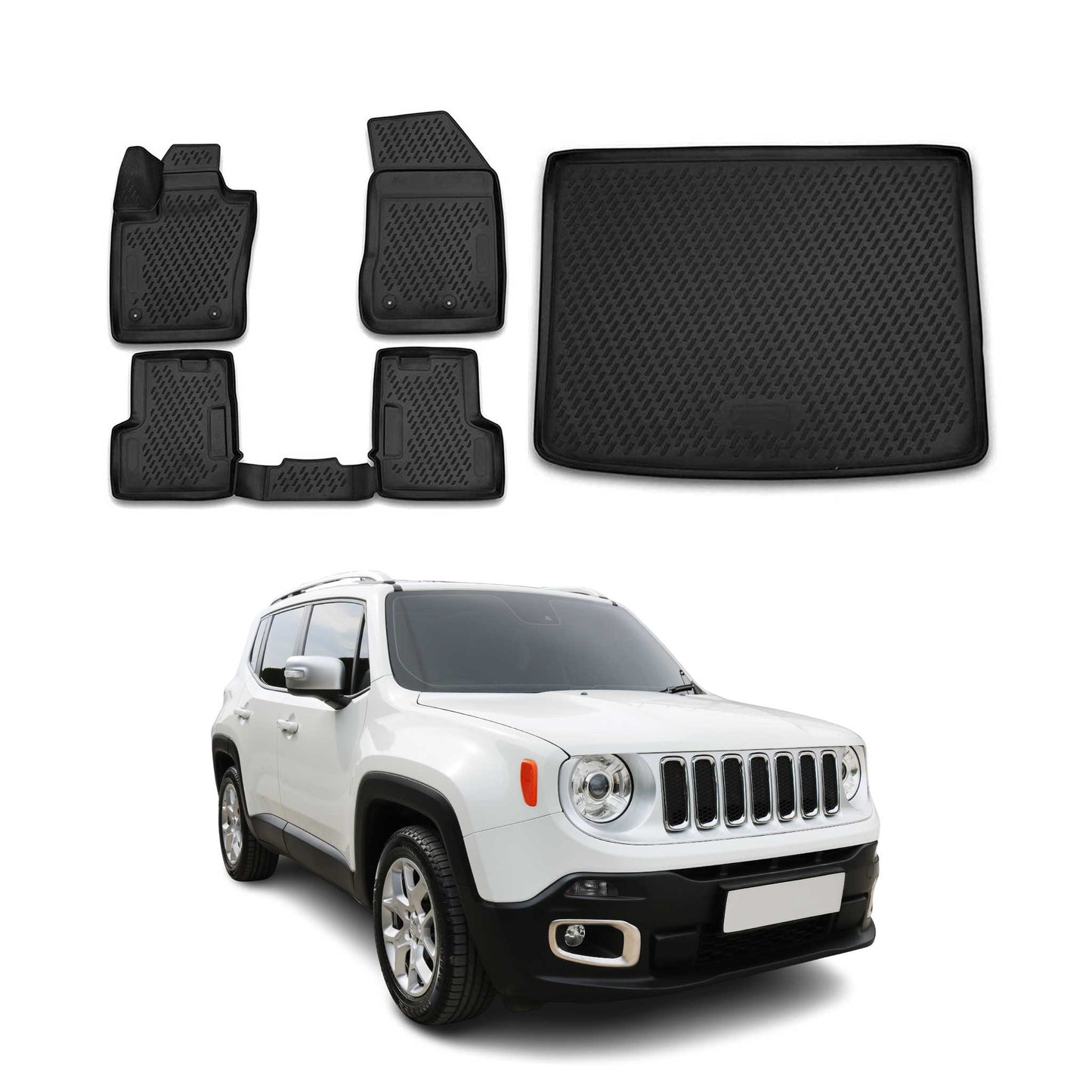 Fußmatten & Kofferraumwanne Set für Jeep Renegade 2014-2024 Gummi TPE Schwarz 5x