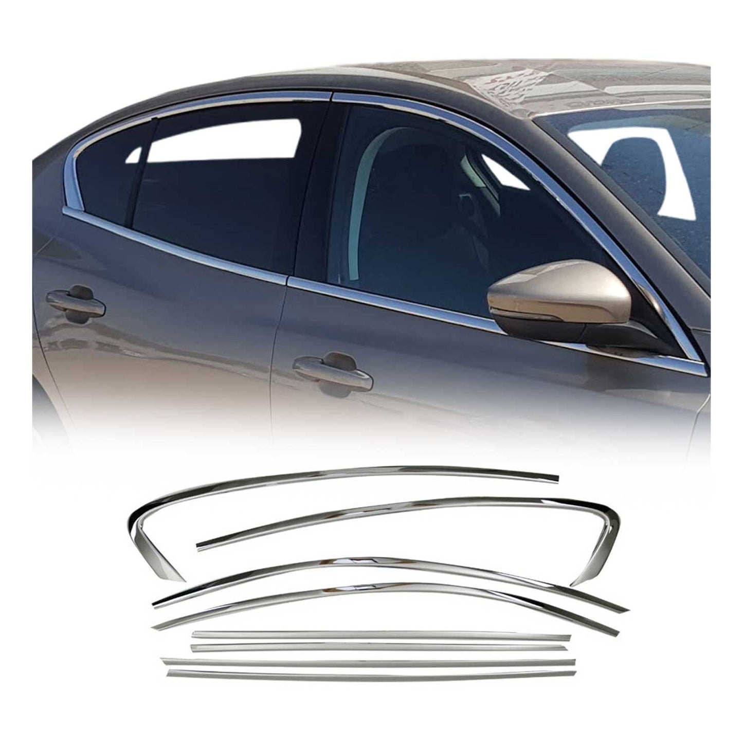 Benzi decorative pentru geamuri Ford Focus Saloon 2018-2025, oțel inoxidabil, 8 bucăți