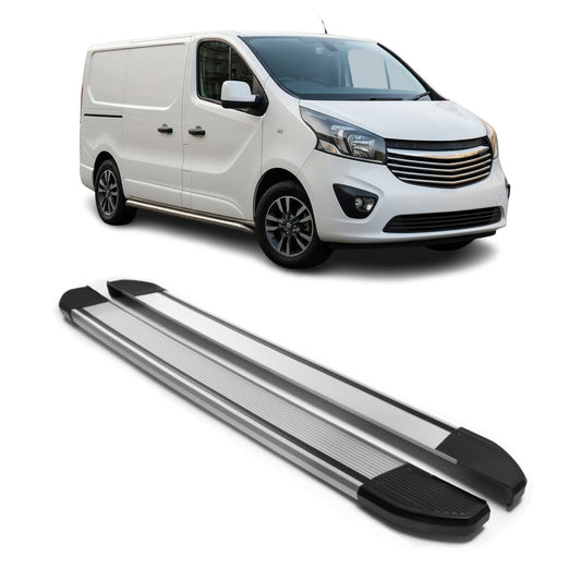 Praguri laterale/scarpe din aluminiu pentru Opel Vivaro 2014-2019 ampatament scurt, argintii, set 2 piese