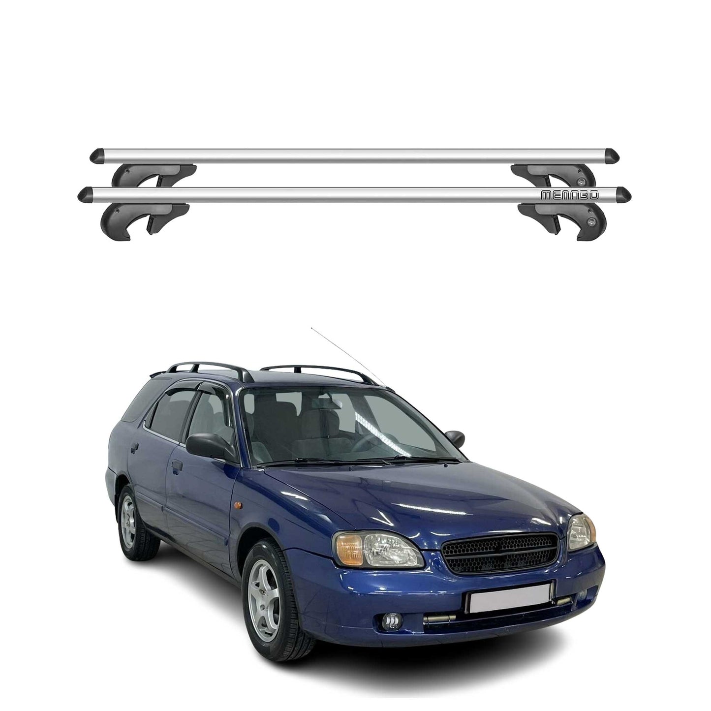 Menabo Dachträger Grundtäger für Suzuki Baleno 1995-2002 90kg Alu Silber 2 tlg