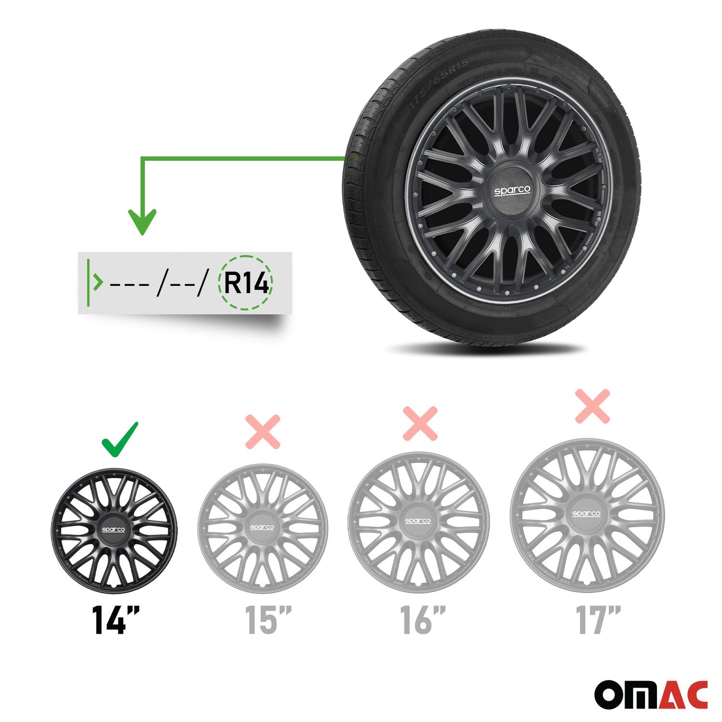 Radkappen Radzierblenden Sparco Roma 14" Zoll Auto Abdeckung Set Grau Schwarz 4x
