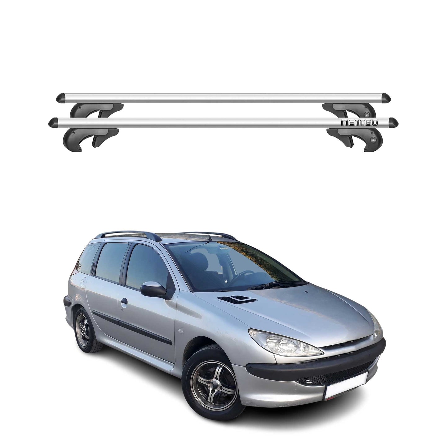 Menabo Dachträger Grundtäger für Peugeot 206 Kombi 2002-2007 90kg Alu Silber 2x