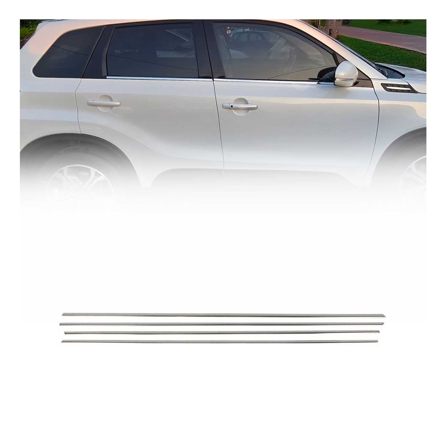 Benzi decorative pentru geamuri Suzuki Vitara 2015-2025, oțel inoxidabil cromat, set 4 piese
