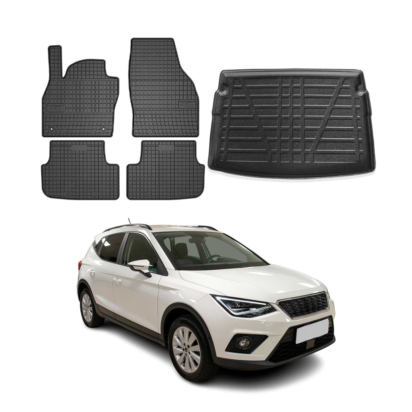 Set covorașe și tapițerie portbagaj pentru Seat Arona 2017-2025, cauciuc superior, negru, 5x