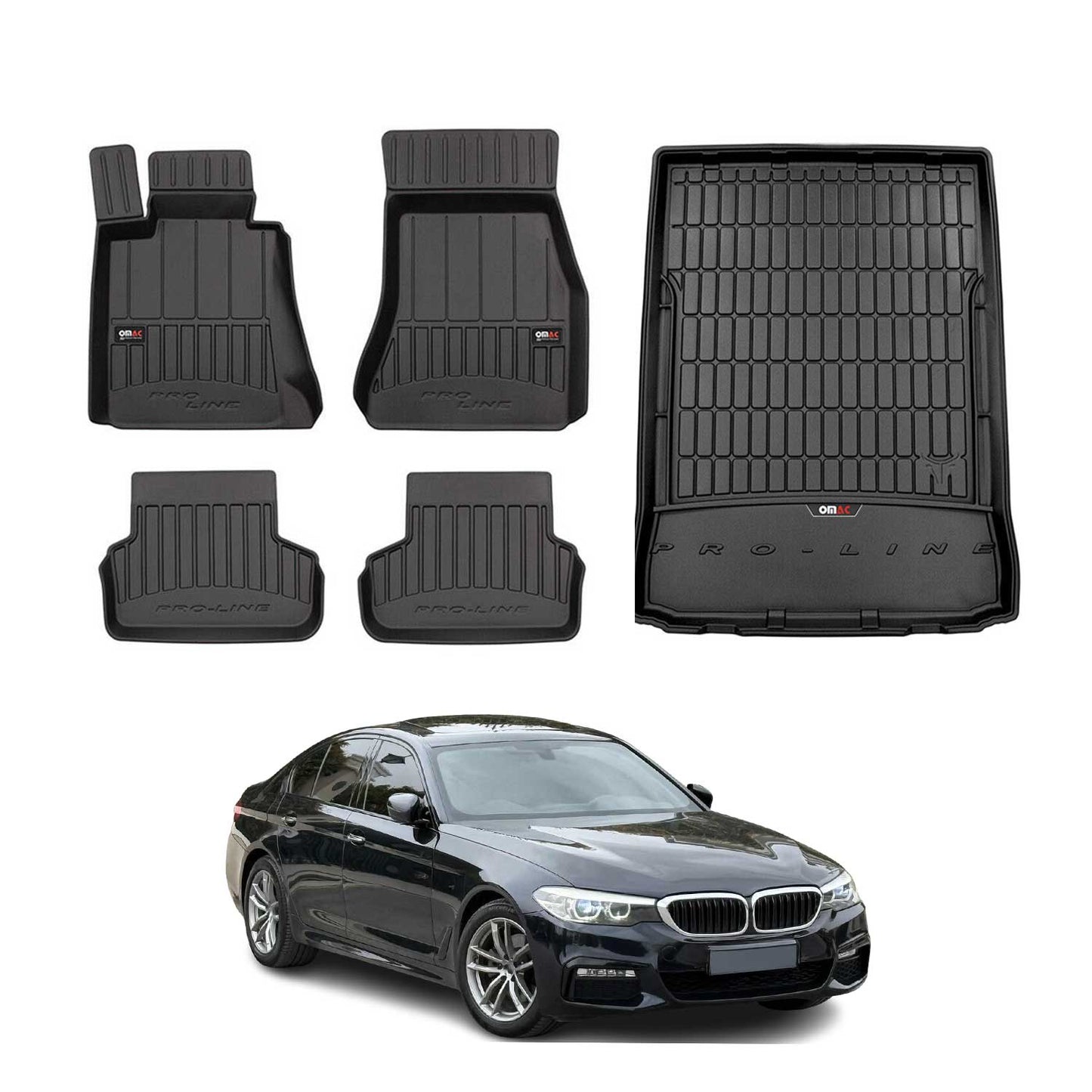 OMAC Fußmatten & Kofferraumwanne Set für BMW 5er G30 2017-2024 Gummi Schwarz 5x
