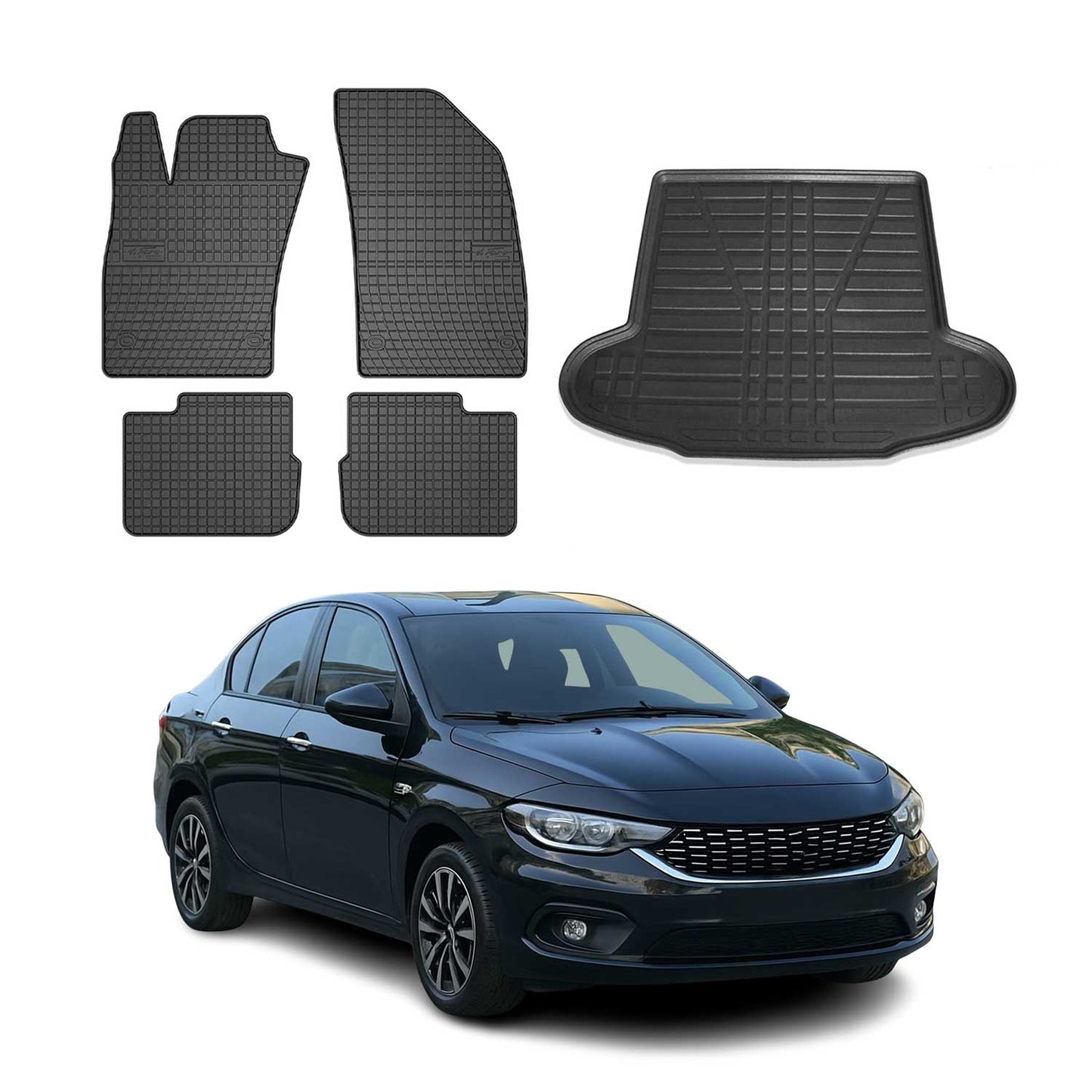 Set covorașe și portbagaj pentru Fiat Tipo sedan 2015-2025, cauciuc, 5 buc.