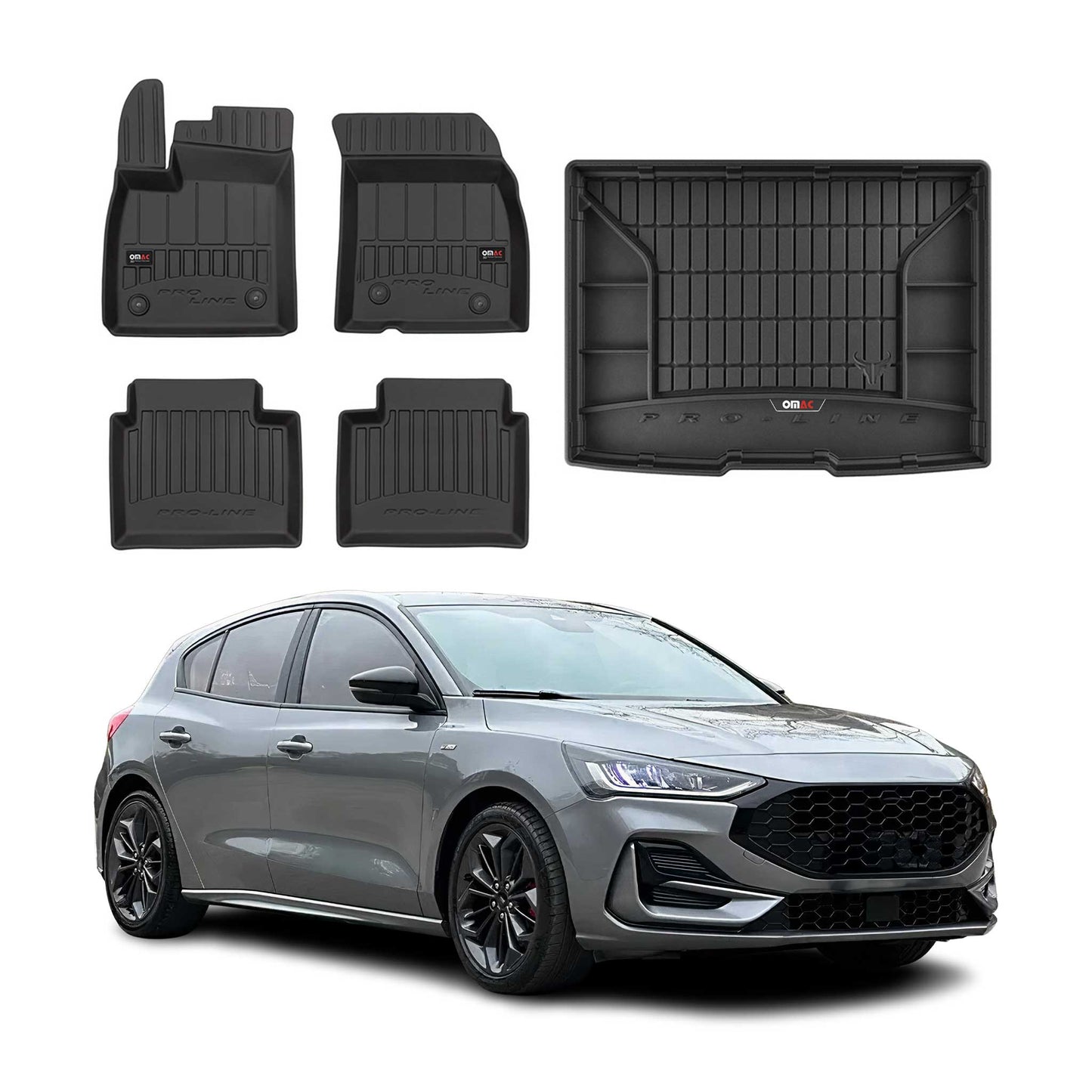 OMAC Fußmatten & Kofferraumwanne Set für Ford Focus mk4 2019-2025 5tür Schwarz