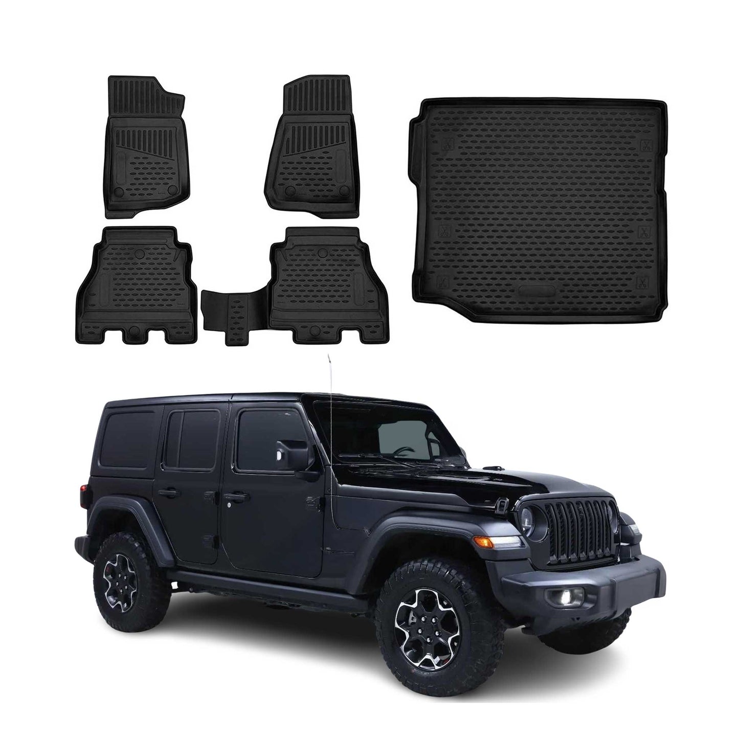 Fußmatten & Kofferraumwanne Set für Jeep Wrangler 2018-2025 Gummi TPE Schwarz 5x