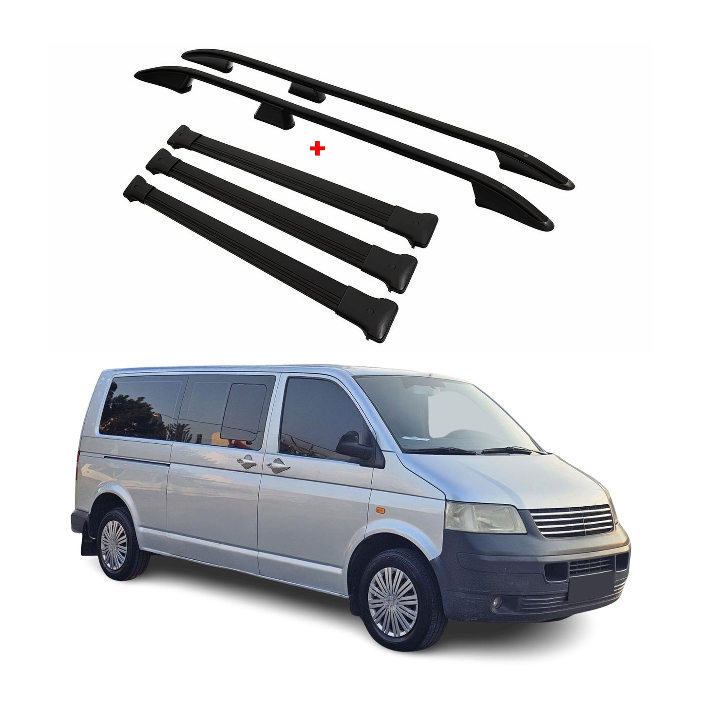 Dachreling + Dachträger SET für VW Transporter T5 T6 L2 Langer Alu Schwarz 5x