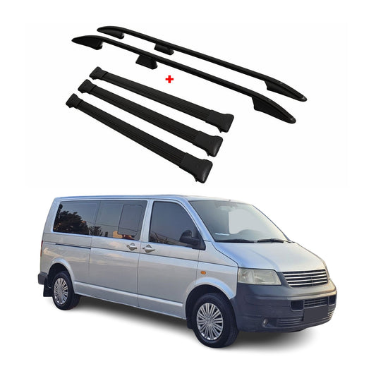 Dachreling + Dachträger SET für VW Transporter T5 T6 L2 Langer Alu Schwarz 5x