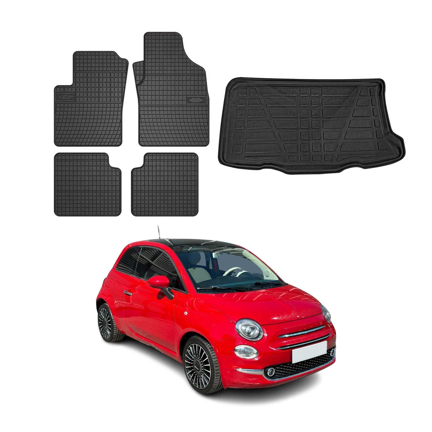 Set covorașe și tapițerie portbagaj pentru Fiat 500 2012-2025, cauciuc TPE, negru, 5x