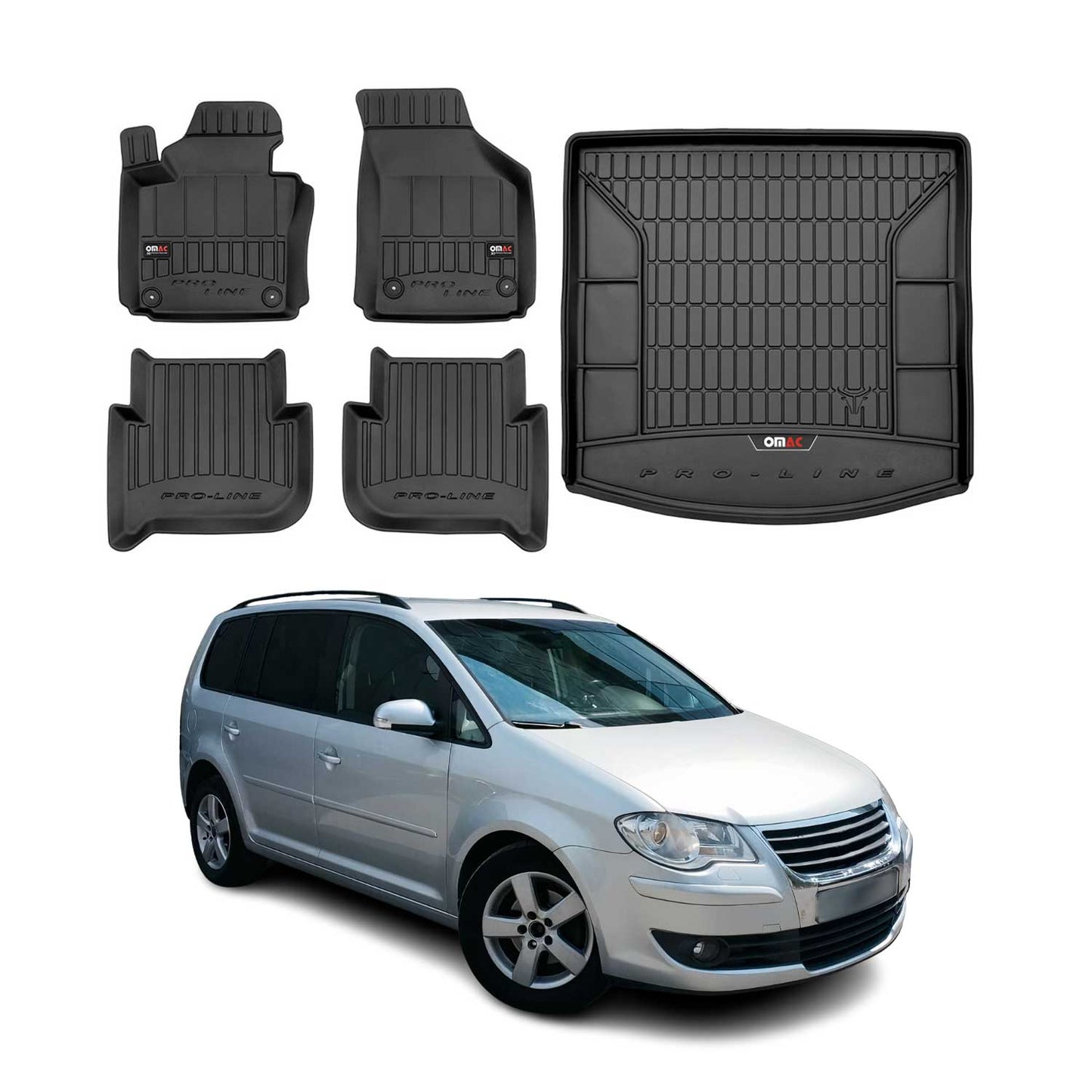OMAC Fußmatten & Kofferraumwanne Set für VW Touran 2003-2010 Schwarz Gummi 5x