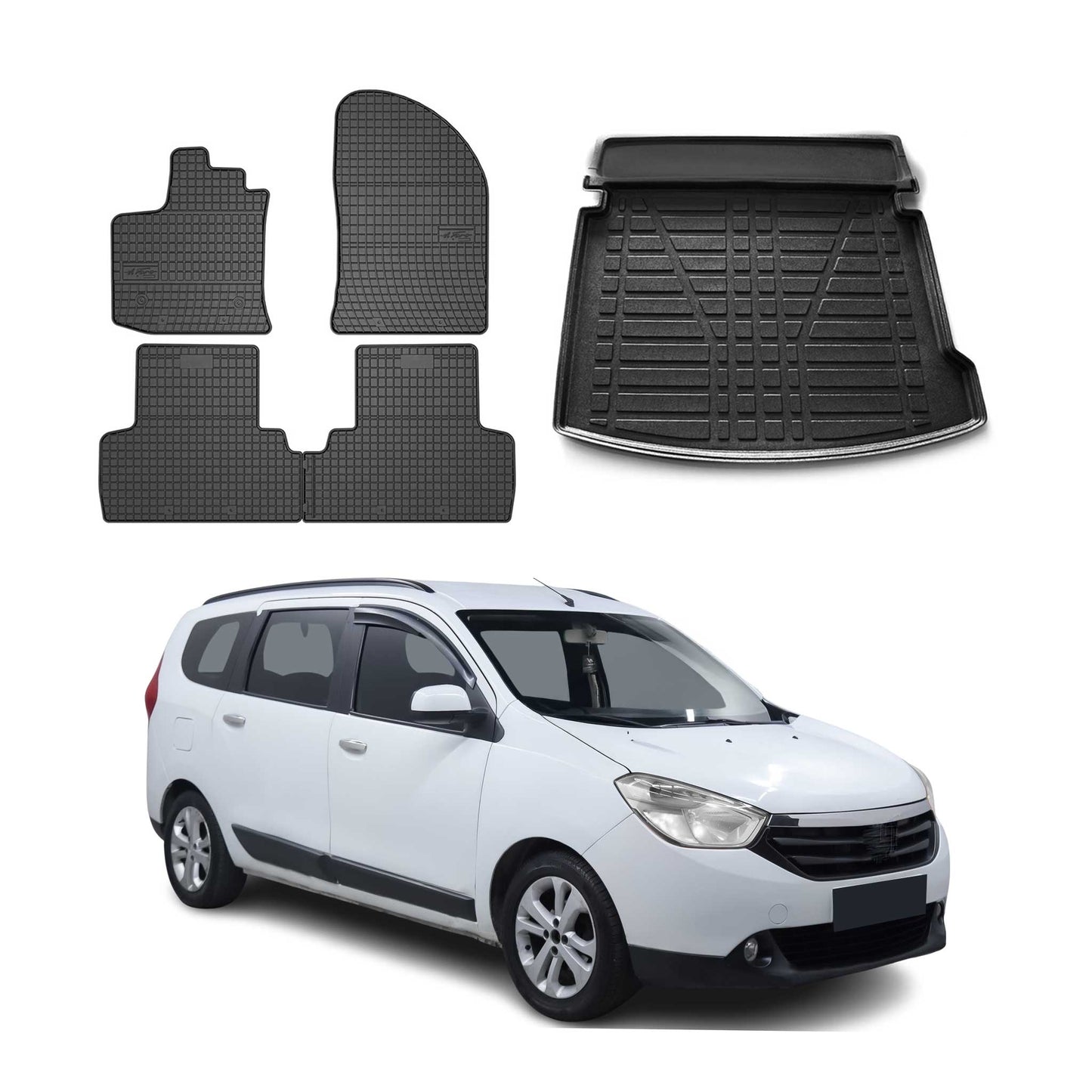 Set covorașe și portbagaj pentru Dacia Lodgy 2012-2024 5 uși cauciuc negru 5x