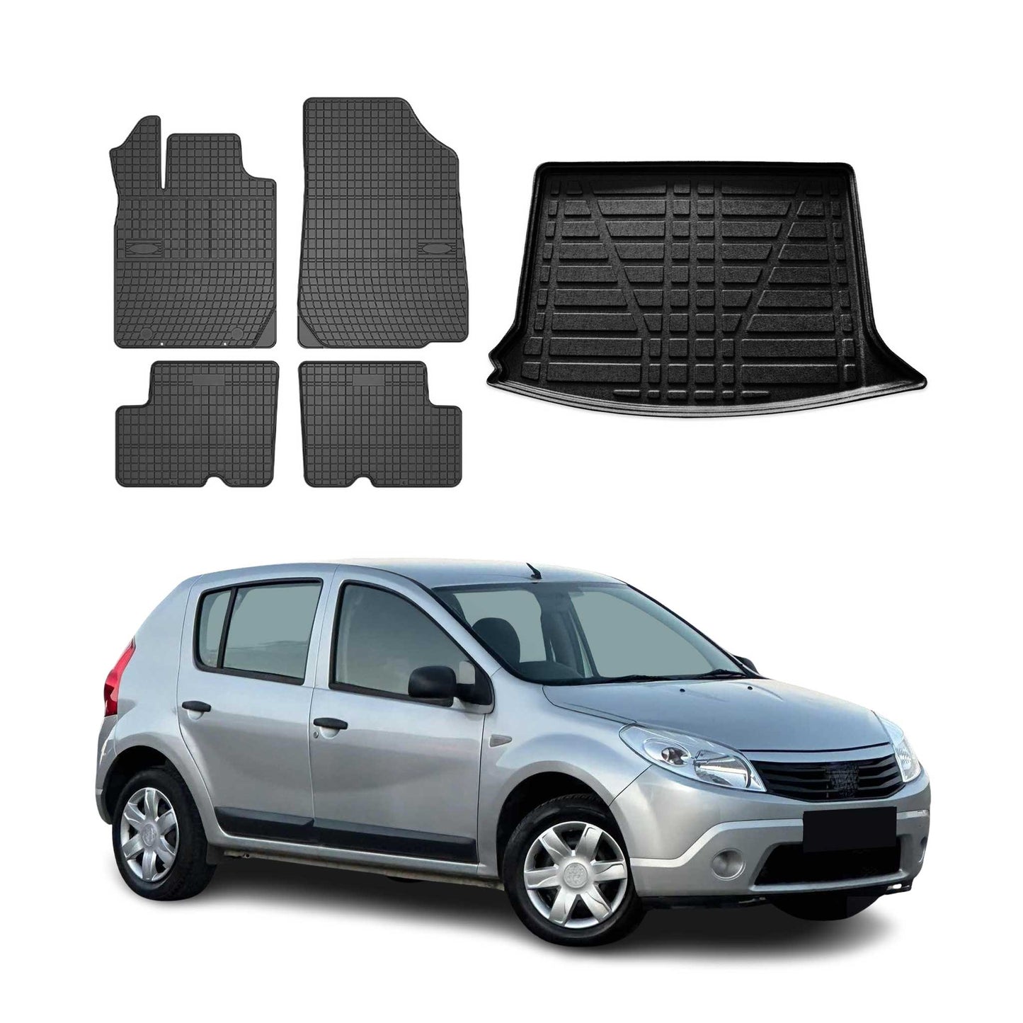 Set covorașe și portbagaj pentru Dacia Sandero 5 uși 2008-2012, cauciuc 5 uși